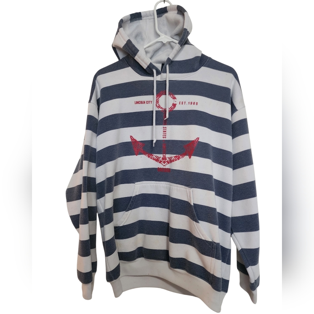 TIPSY ELVES  Blue White Stripe Anchor Oregon HOODIE Sweatshirt SZ Medium Unisex